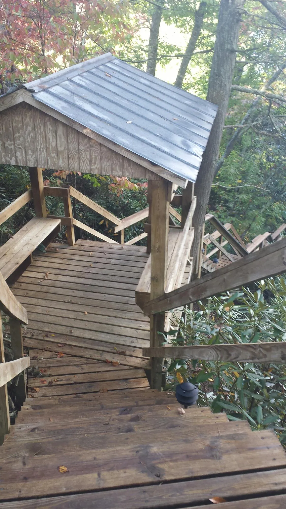 Metal roofed shelter over wooden steps on a wooded walkway — Skylight Repair & Installation work by our crew in Spruce Creek